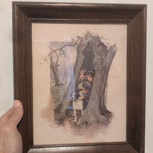 Framed Vintage Art Print with Children and Dog